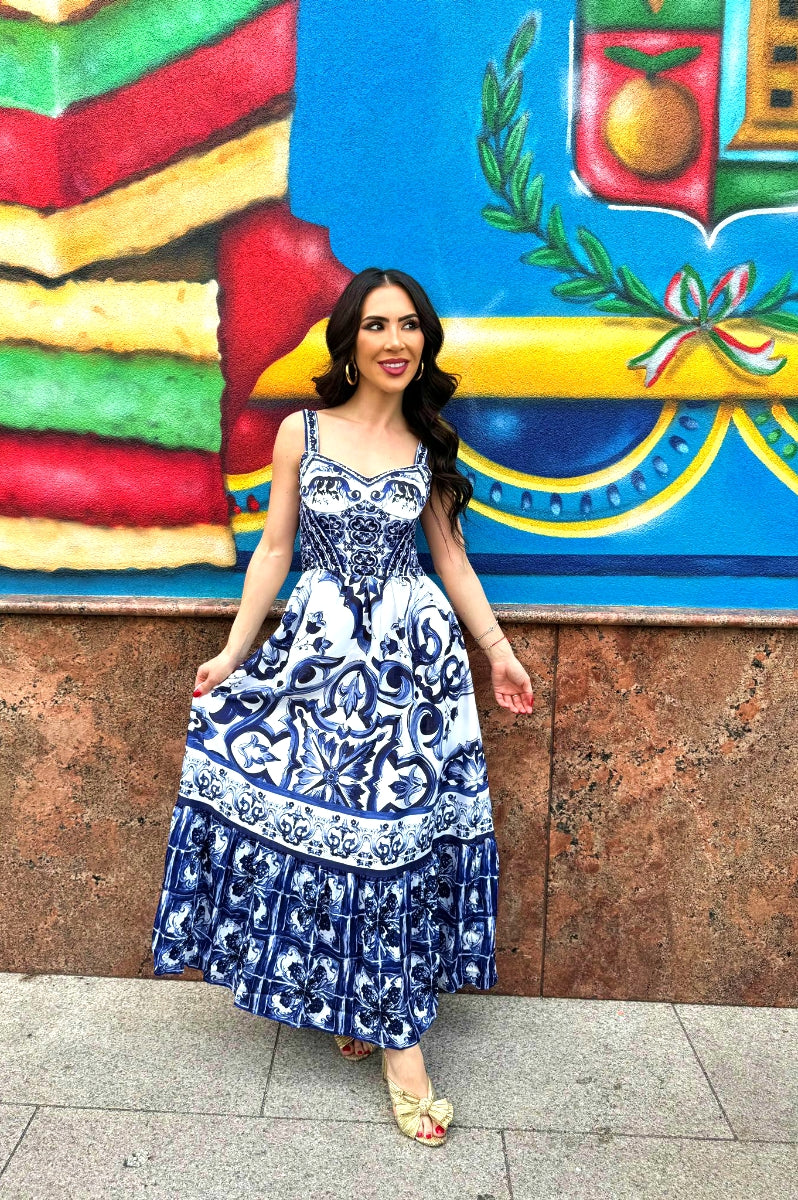 The Italian Tile Dress - Blue - Final Sale 2X-Large The Italian Tile Dress - Blue - Final Sale 2X-Large