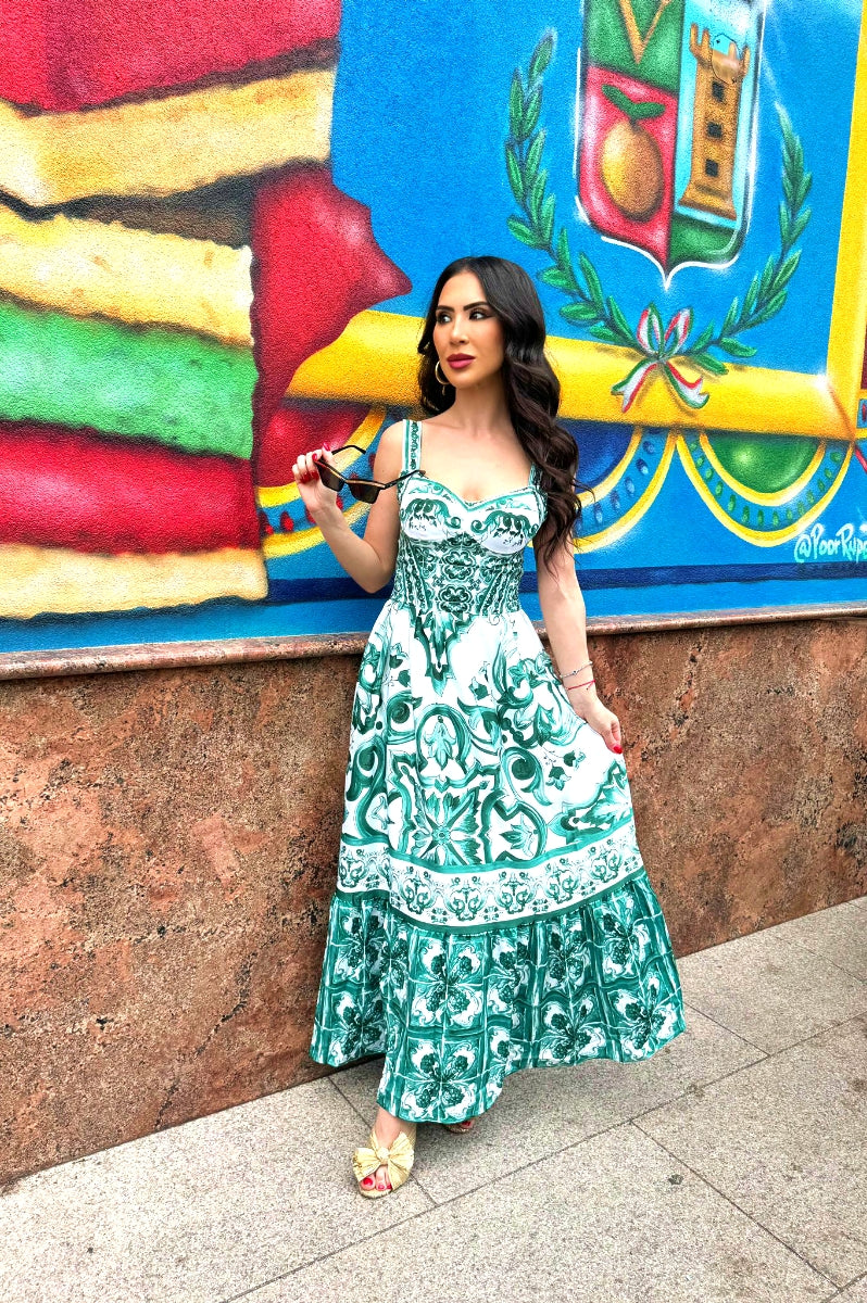The Italian Tile Dress - Green - FINAL SALE La Bottega della Nonna The Italian Tile Dress - Green - FINAL SALE La Bottega della Nonna