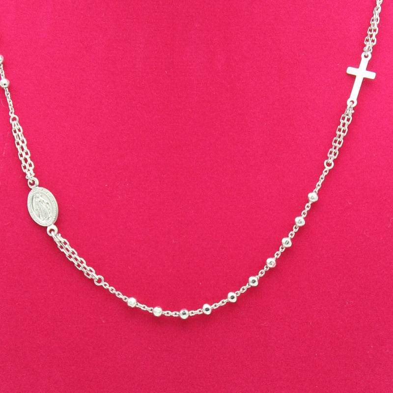 Ave Maria Silver Rosary Necklace - White Gold Plated