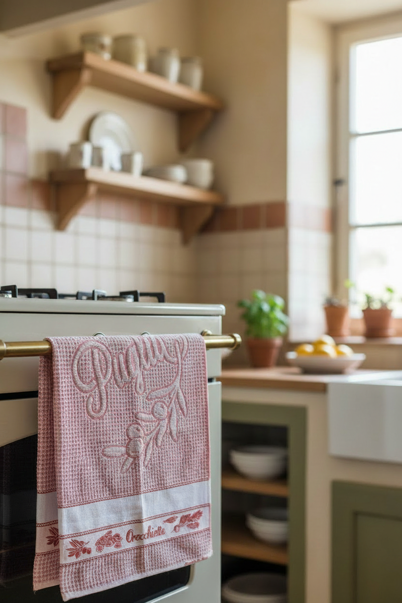 Red Pizza towel hanging in an Italian kitchen