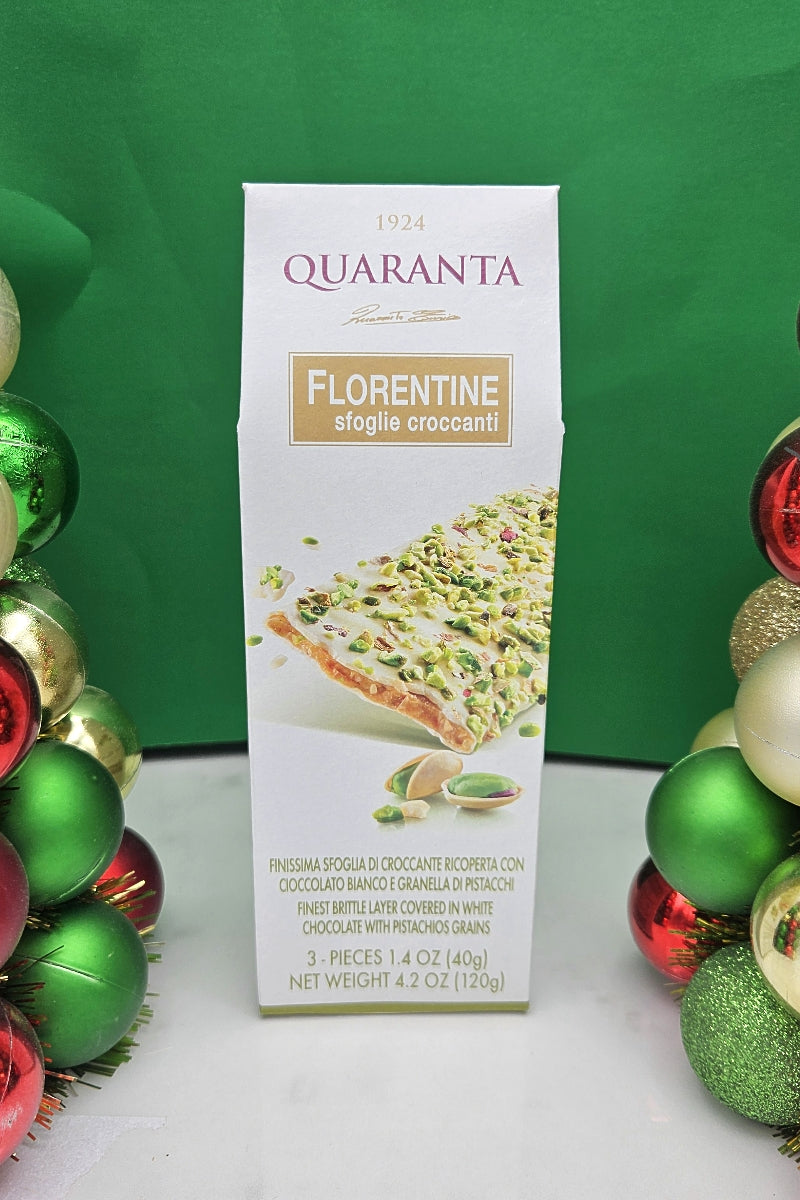 Crunchy Florentine Covered with White Chocolate and Pistachio Grains