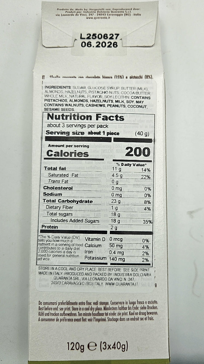 Crunchy Florentine Covered with White Chocolate and Pistachio Grains