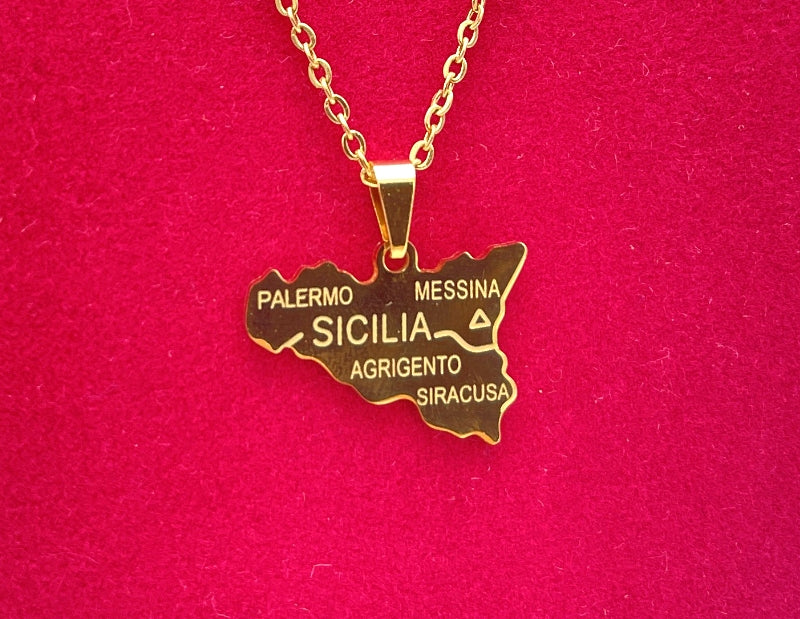 Sicily Map Necklace - Gold - Stainless Steel