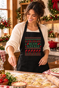 Adjusted pose for the black Buon Natale Italian Hand apron lifestyle photo