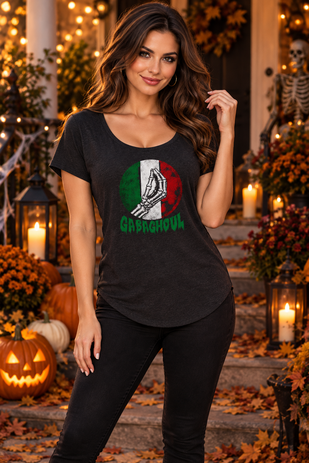 Adult woman wearing the Gabaghoul slouch top in a Halloween setting
