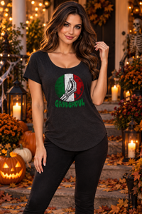 Adult woman wearing the Gabaghoul slouch top in a Halloween setting