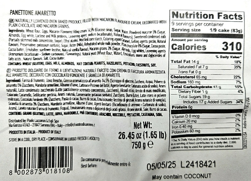 Panettone with Amaretto  Cream - Chiostro di Saronno - 750 Gr