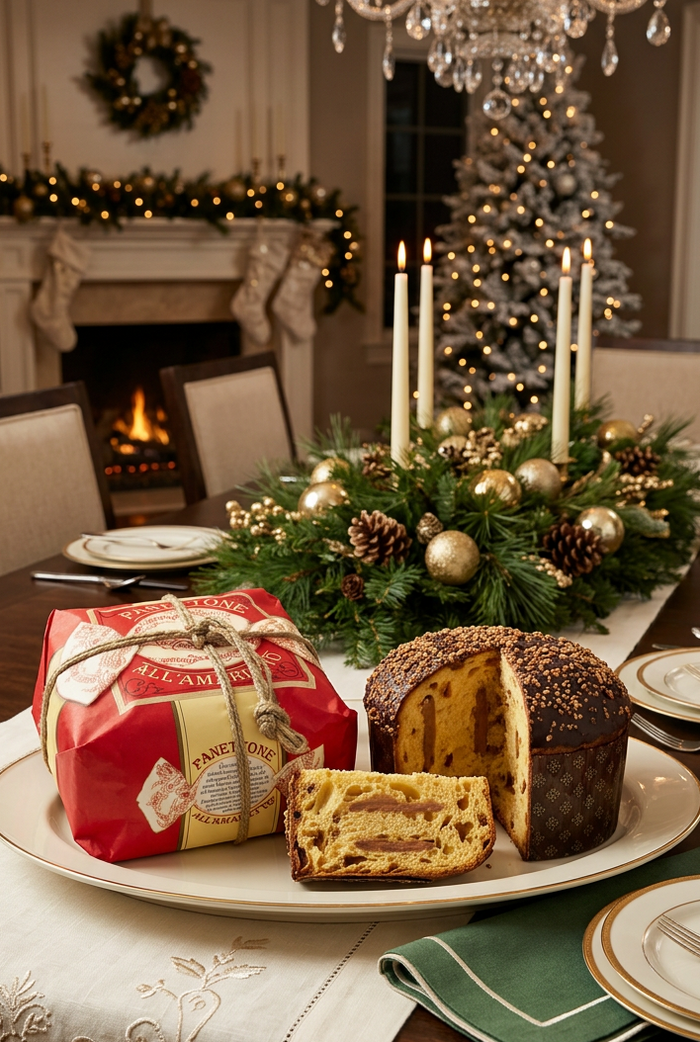 Amaretto panettone on a festive ivory-and-gold dining table