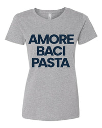 Gray t-shirt with 'AMORE BACI PASTA' text in navy on a gray background