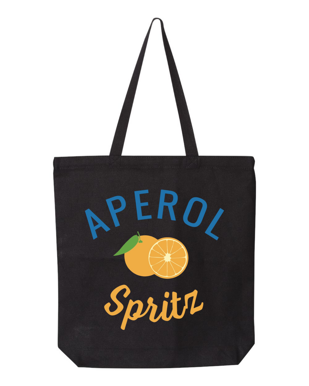Black tote bag with 'Aperol Spritz' text and orange design.