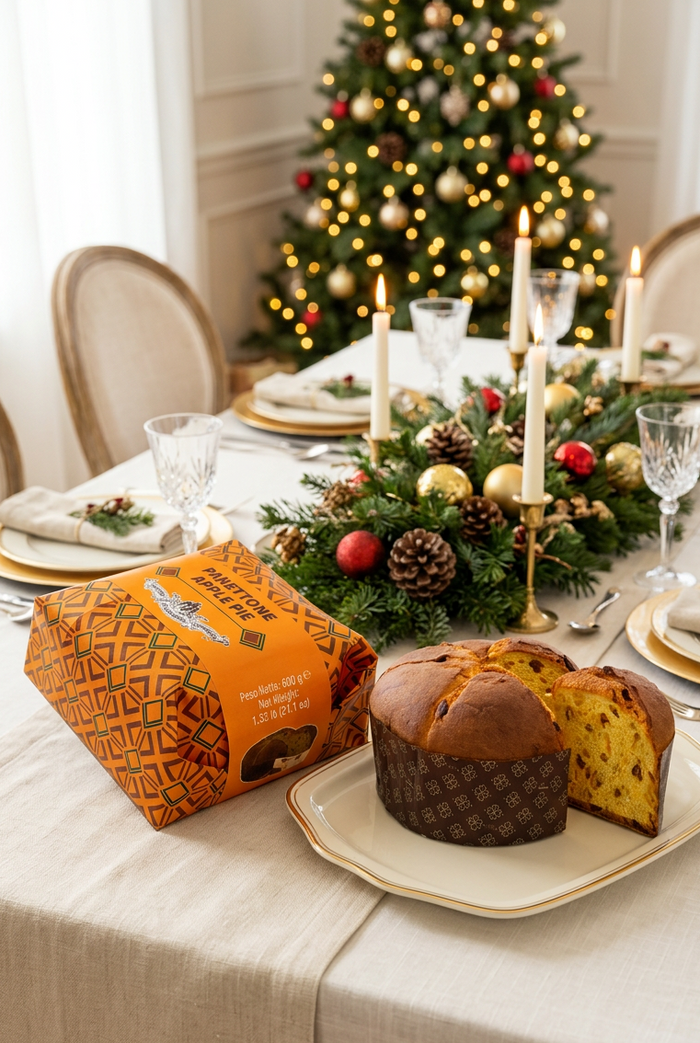 Apple Pie Panettone and its orange wrapping on a festive Christmas dining-room table