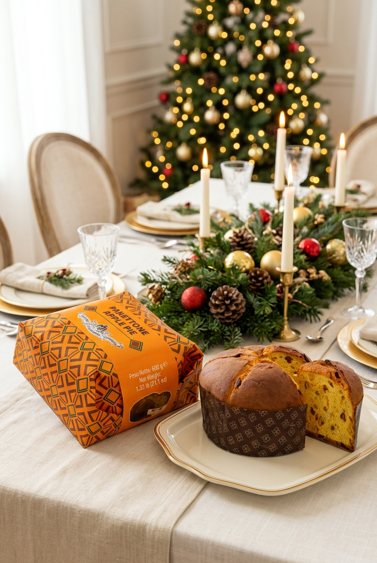 Apple Pie Panettone and its orange wrapping on a festive Christmas dining-room table