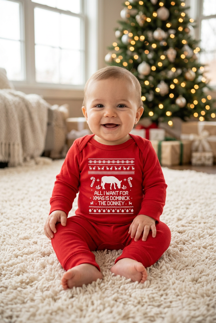 Baby wearing the red Dominick the Donkey onesie at Christmas