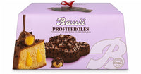 Bauli Profiteroles cake packaging with a purple background