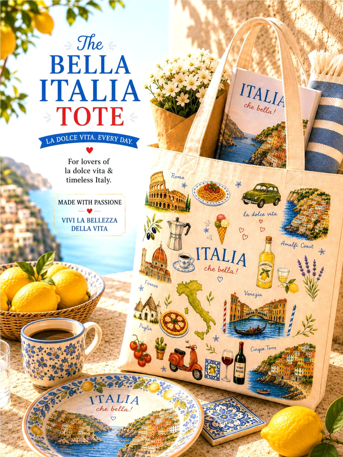 Bella Italia tote bag with Italian-themed design, lemons, and coffee on a table.