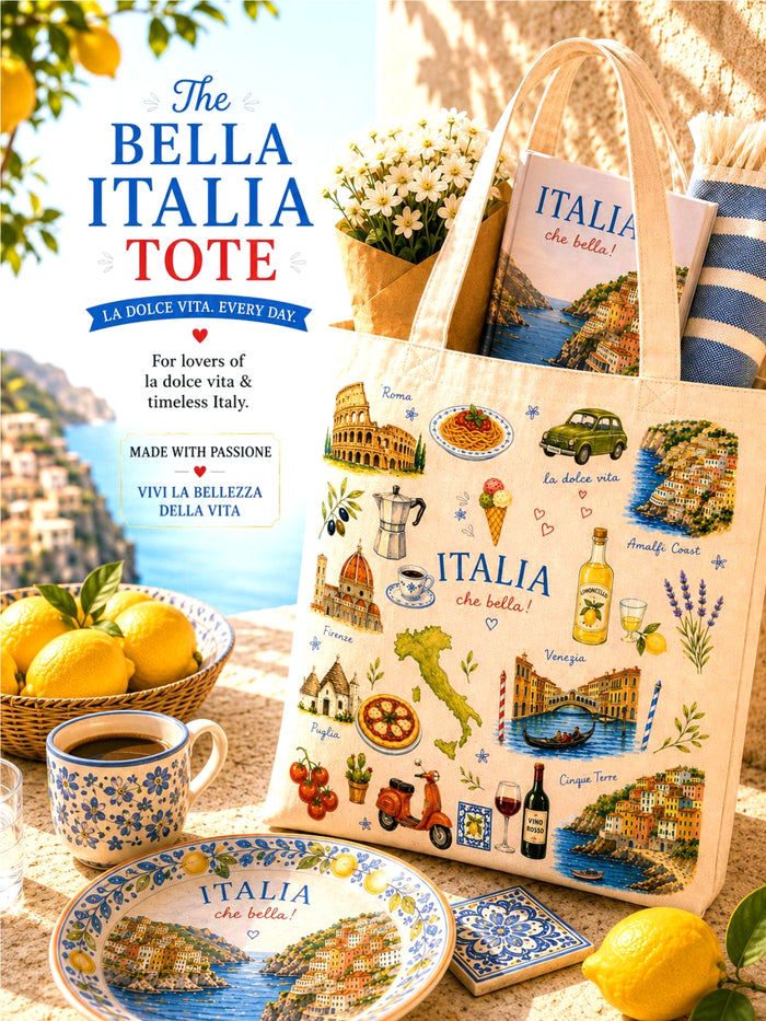 Bella Italia tote bag with Italian-themed design, lemons, and coffee on a table.