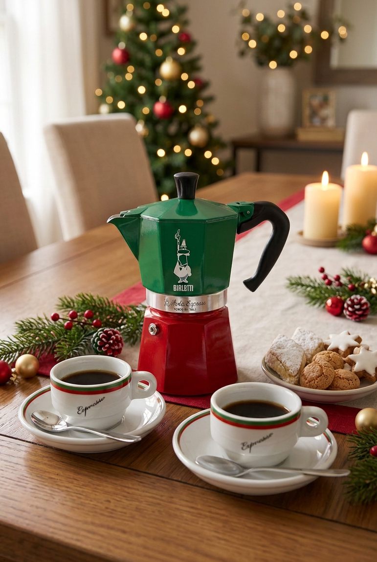Bialetti coffee pot and espresso cups with Christmas cookies in a festive dining room