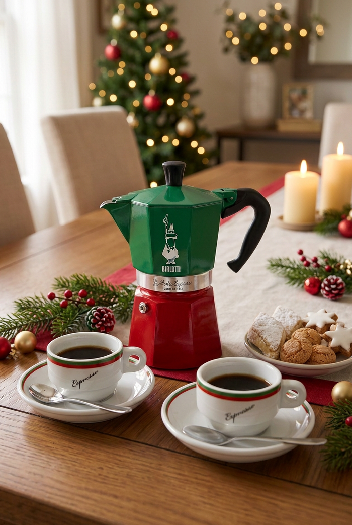 Bialetti coffee pot and espresso cups with Christmas cookies in a festive dining room