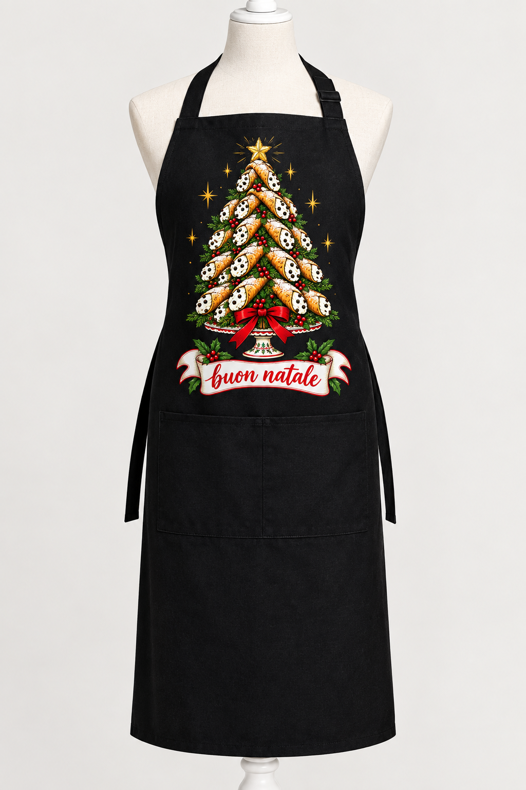 Black apron mockup with cannoli tree artwork
