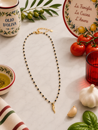 The Silver Beaded Cornicello Necklace - Black Beads