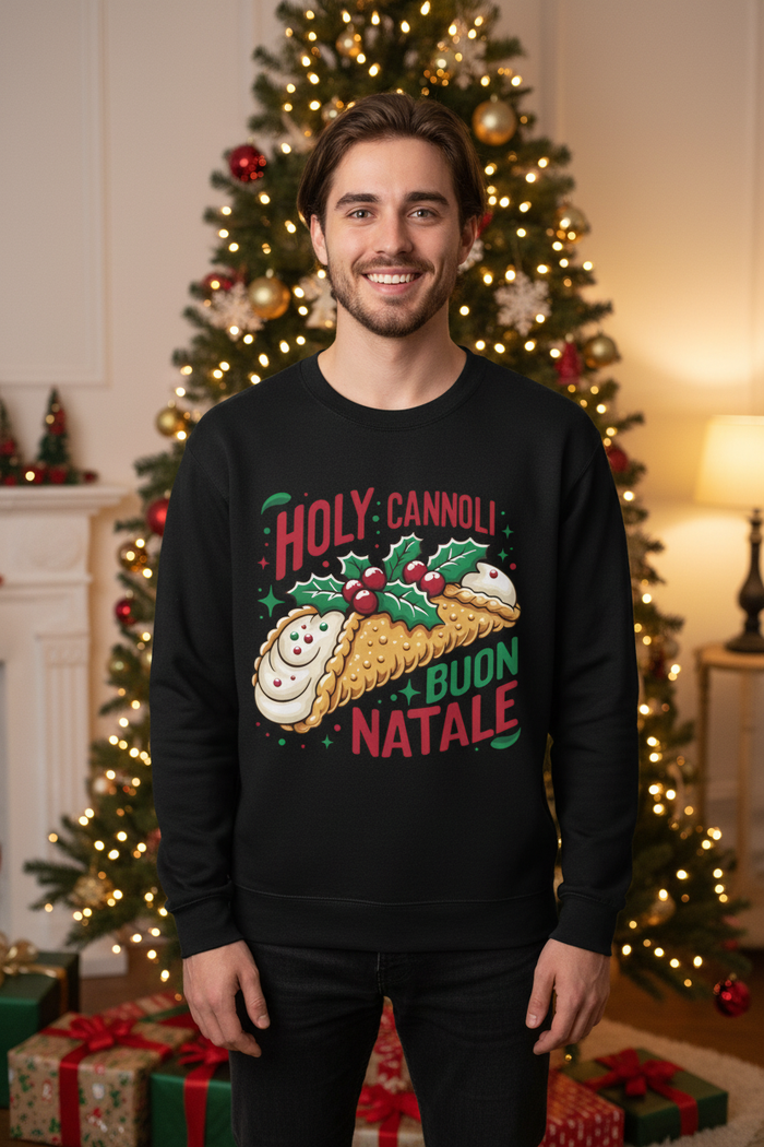 Black Holy Cannoli sweatshirt by the Christmas tree