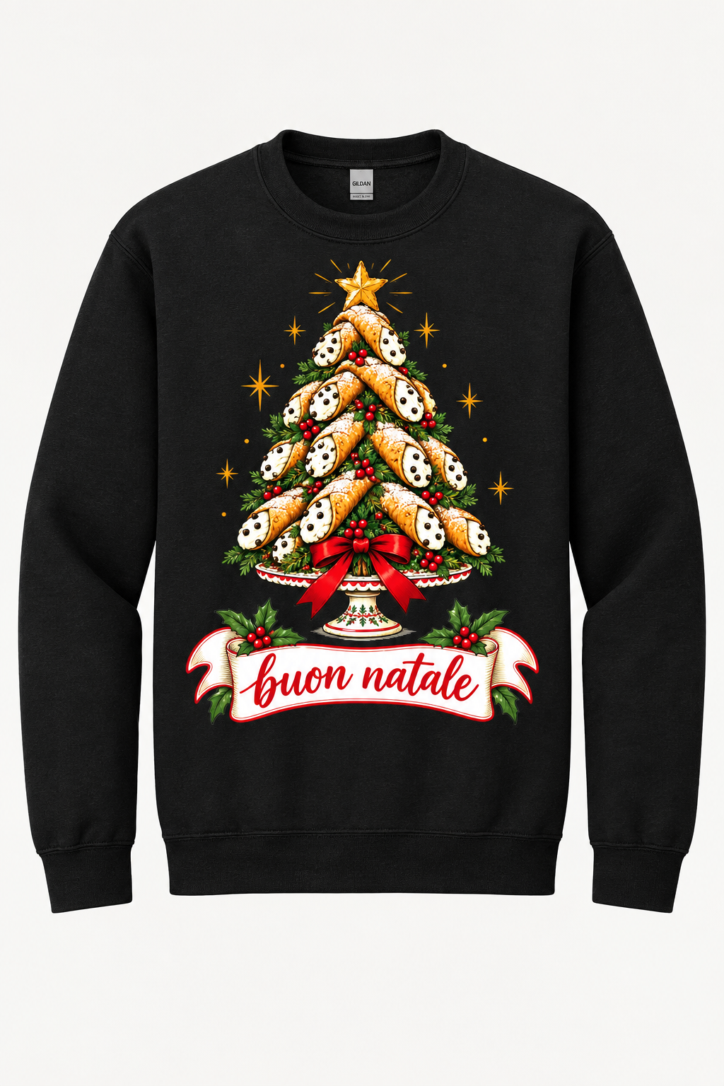 Black sweatshirt mockup with cannoli tree artwork