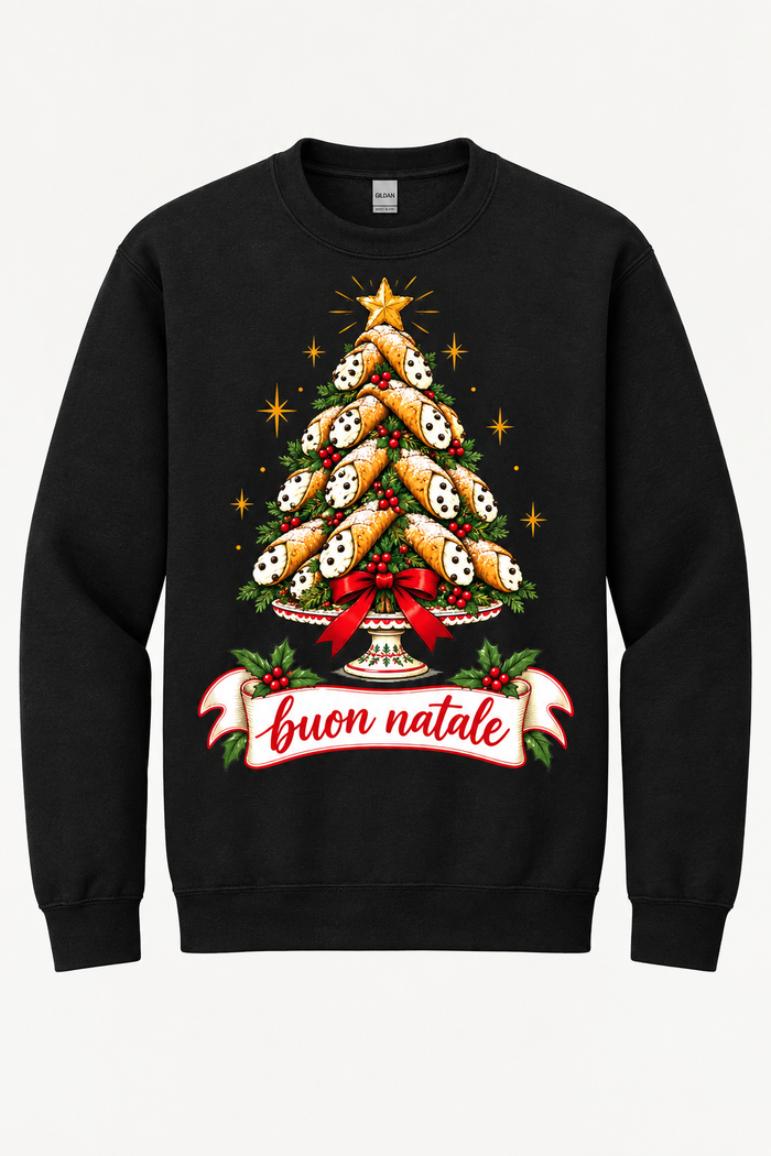 Black sweatshirt mockup with cannoli tree artwork