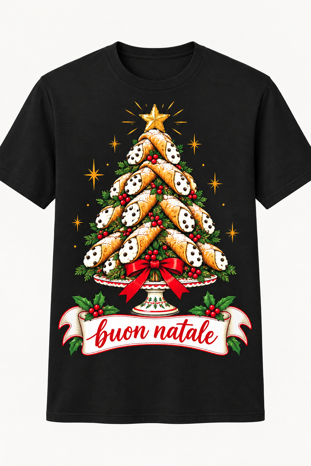 Black T-shirt mockup with cannoli tree artwork