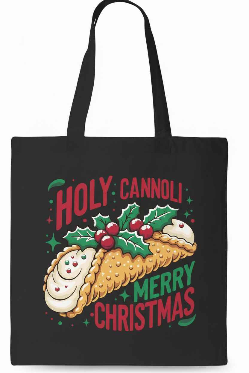 Black tote with Holy Cannoli Merry Christmas artwork