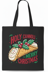 Black tote with Holy Cannoli Merry Christmas artwork