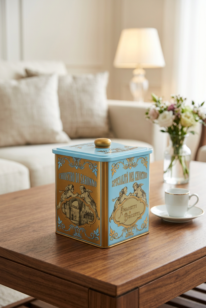 Blue-and-gold cherub tin on a bright living-room coffee table