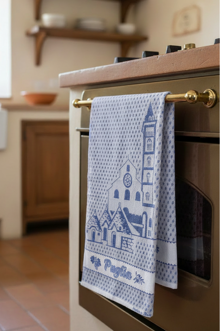 Blue Puglia towel in the angled Italian-kitchen scene