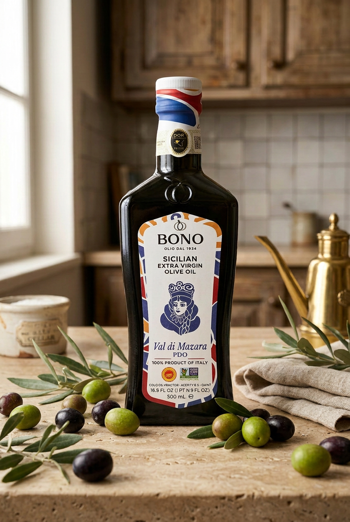 Bono olive oil bottle with more olives and olive leaves on the kitchen counter