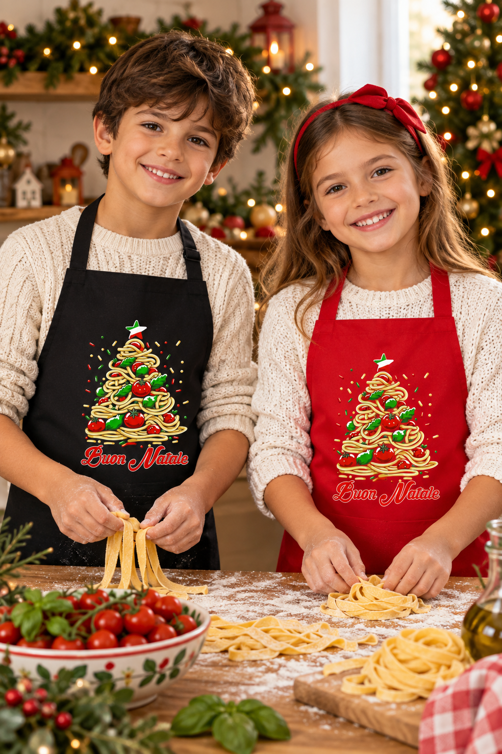 Boy and girl wearing black and red Buon Natale Pasta aprons in a Christmas kitchen