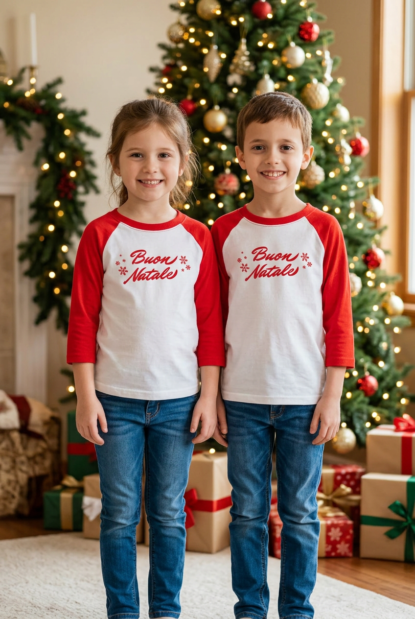 Boy and girl wearing Buon Natale raglan shirts in a festive Christmas setting