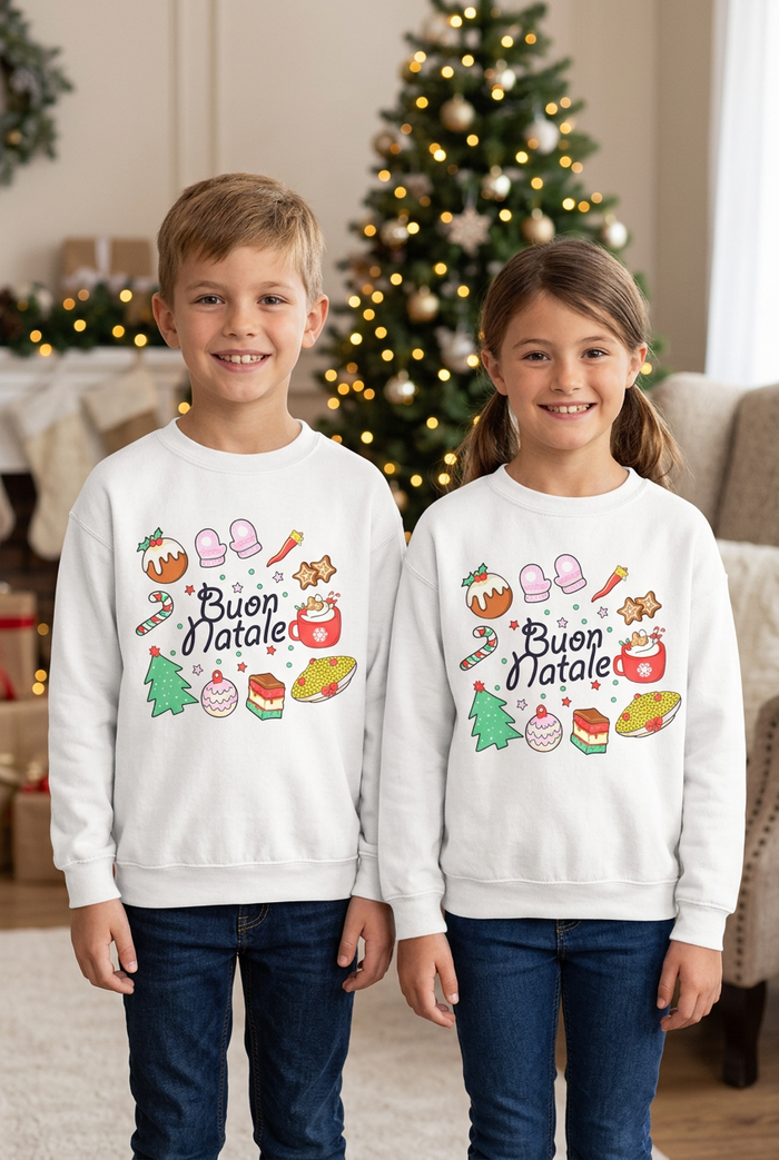 Boy and girl wearing the Buon Natale Fantasy sweatshirt at Christmas