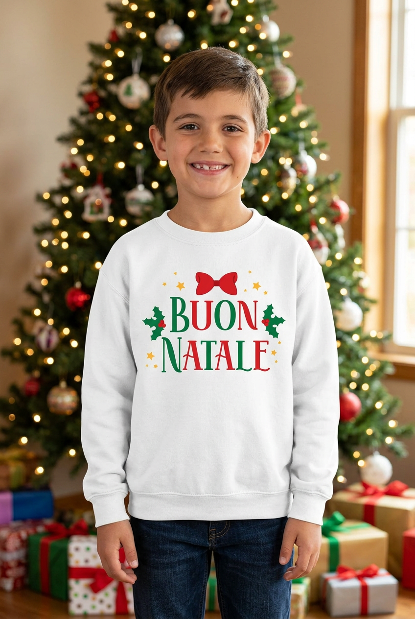 Boy wearing the white Buon Natale sweatshirt at Christmas
