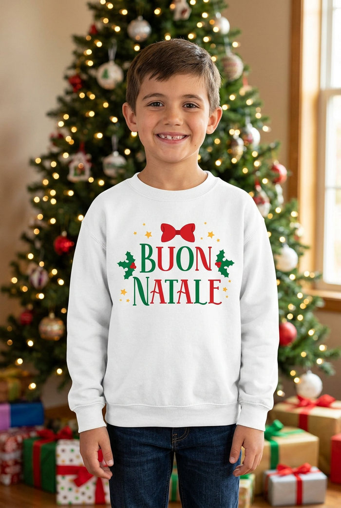 Boy wearing the white Buon Natale sweatshirt at Christmas