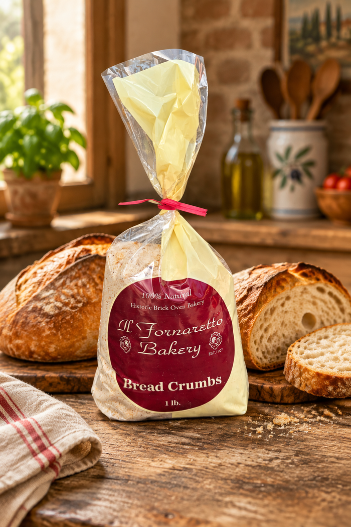 Breadcrumb bag on a rustic kitchen table with crispy Italian bread
