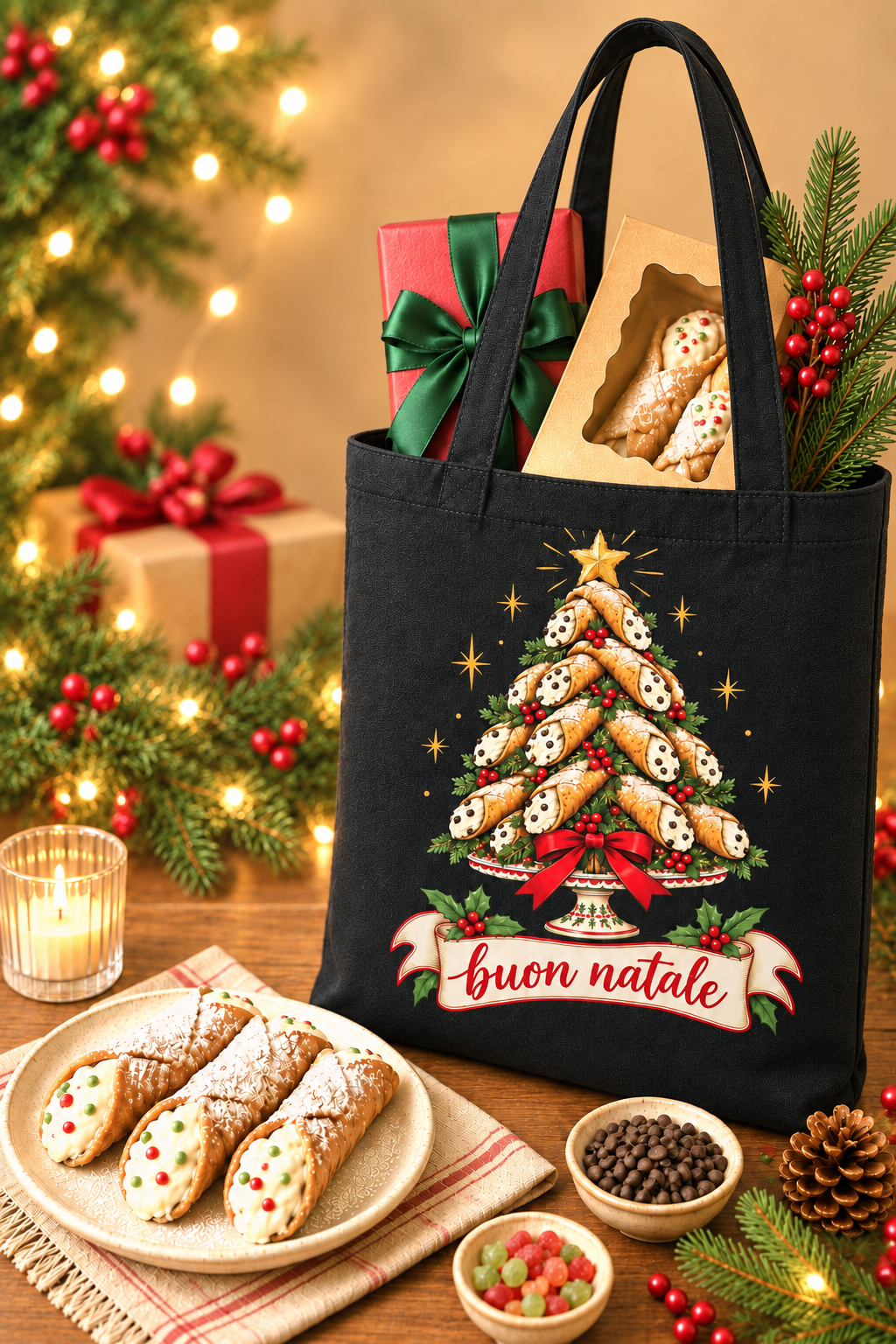 Brighter festive black tote with Cannoli Tree Buon Natale design