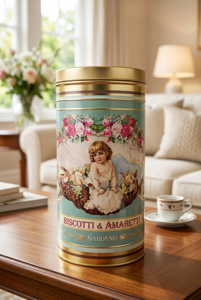 Brighter living-room scene featuring the vintage Italian amaretti tin
