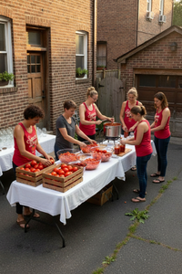 Brooklyn sauce-day photo with matching red tanks