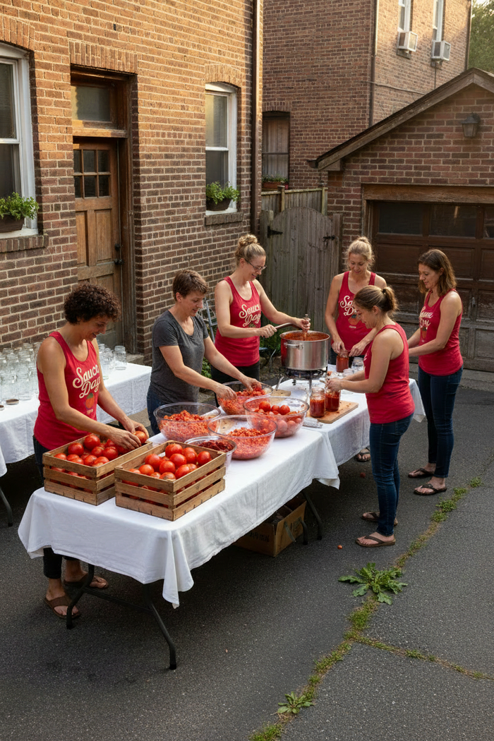Brooklyn sauce-day photo with matching red tanks