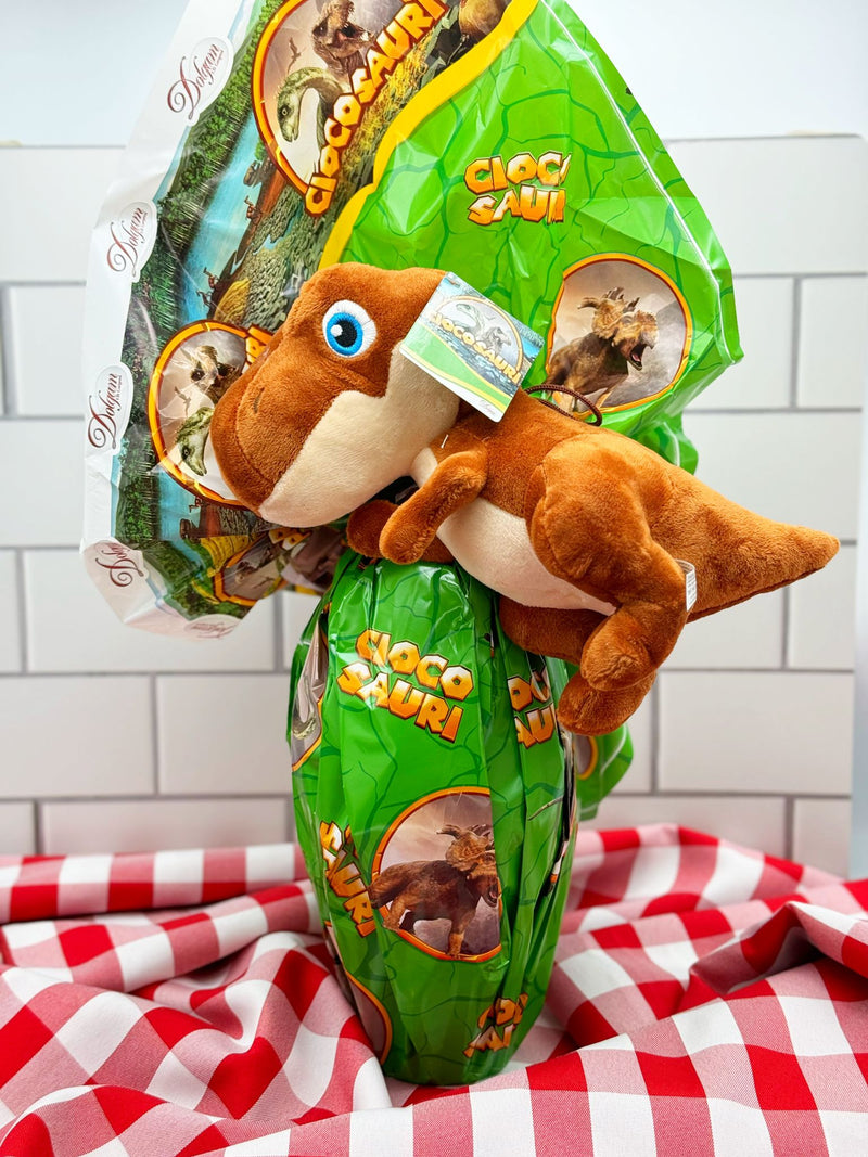 Chocolate Easter Egg with Stuffed Dinosaur