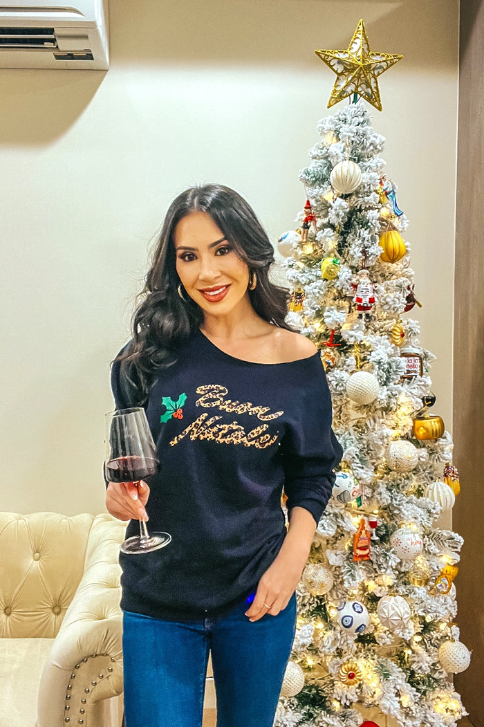 Buon Natale Leopard Fleece Sweatshirt - Black