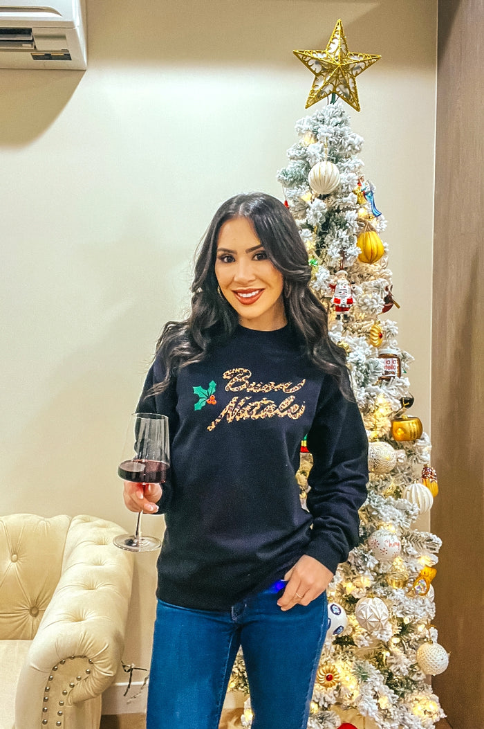 Buon Natale Leopard Fleece Sweatshirt - Black