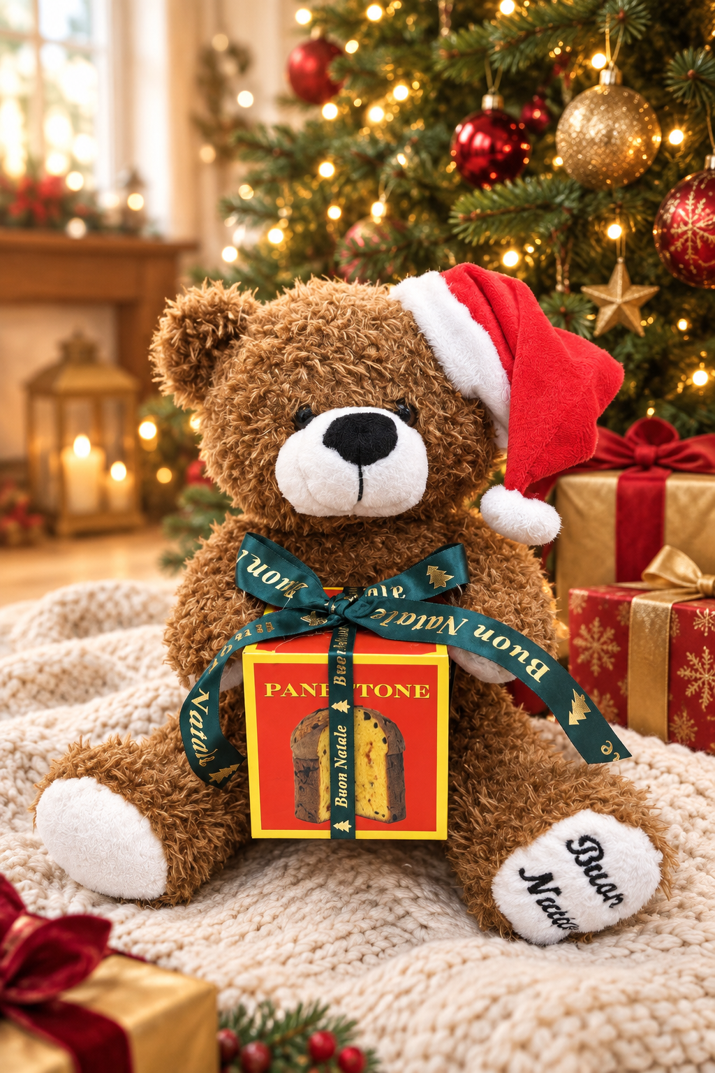 Buon Natale teddy bear in a cozy Christmas setting