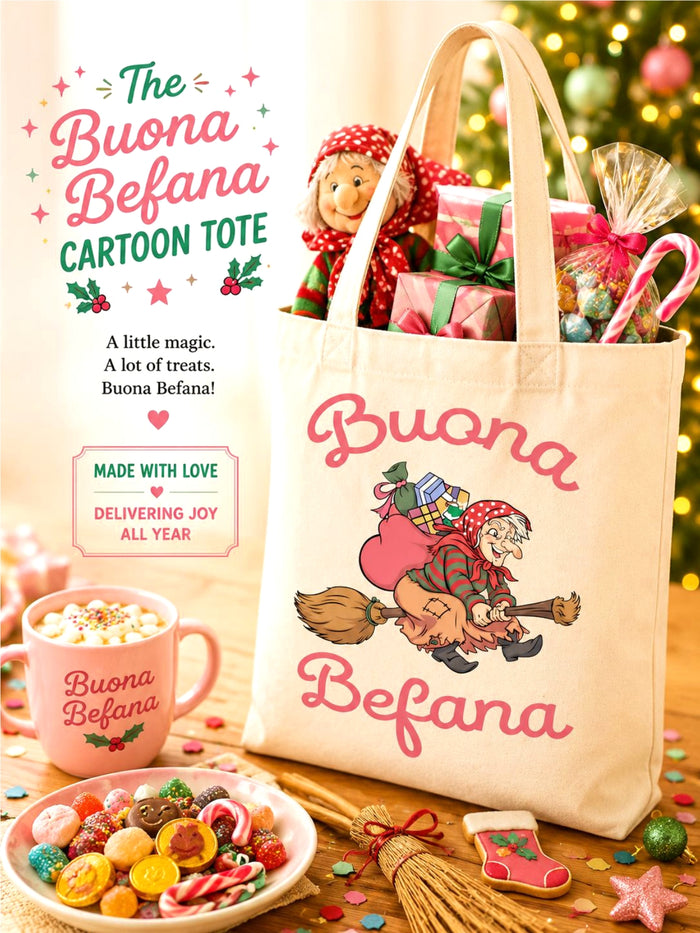Tote bag with 'Buona Befana' design, mug, and cookies on a festive background
