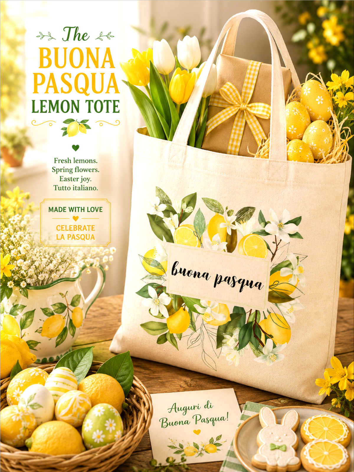 Buona Pasqua lemon tote bag with lemons, flowers, and a gift on a wooden table.