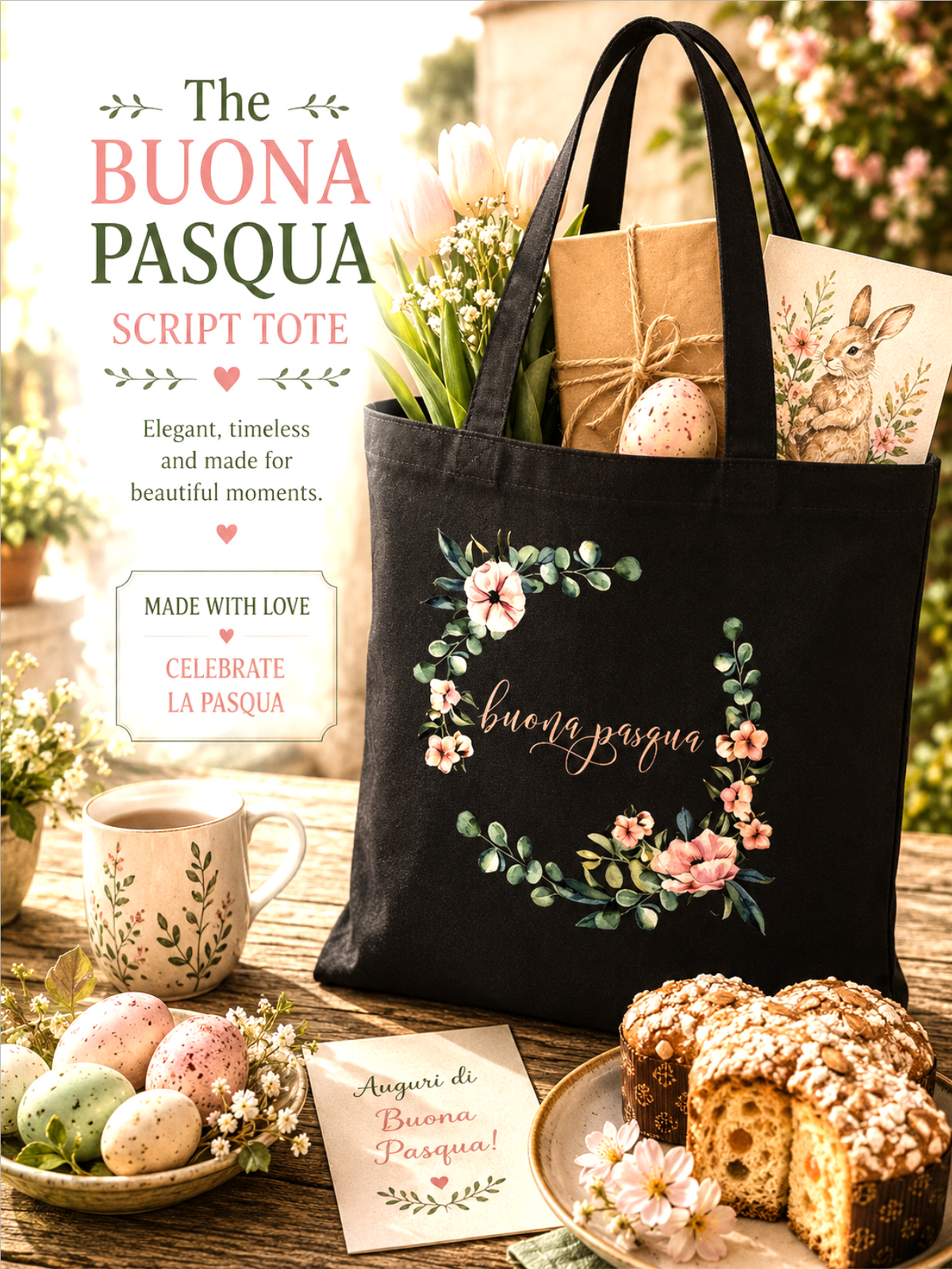 Black tote bag with floral design and 'Buona Pasqua' text on a table with Easter-themed items.